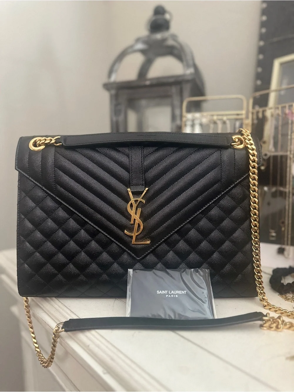 Saint Laurent Black Quilted Envelope Shoulder Bag with Gold YSL Hardware